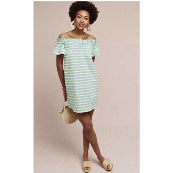 Anthropologie | Corey Lynn Calter Stripe Dress XS Off Shoulder Tunic Green - Picture 3 of 10